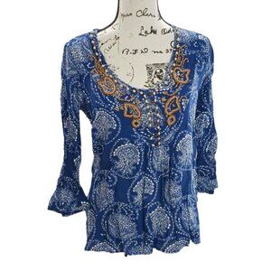 Fleur Bleue Blouse Blue Floral Beaded Coastal 3/4 Sleeve Womens Size S